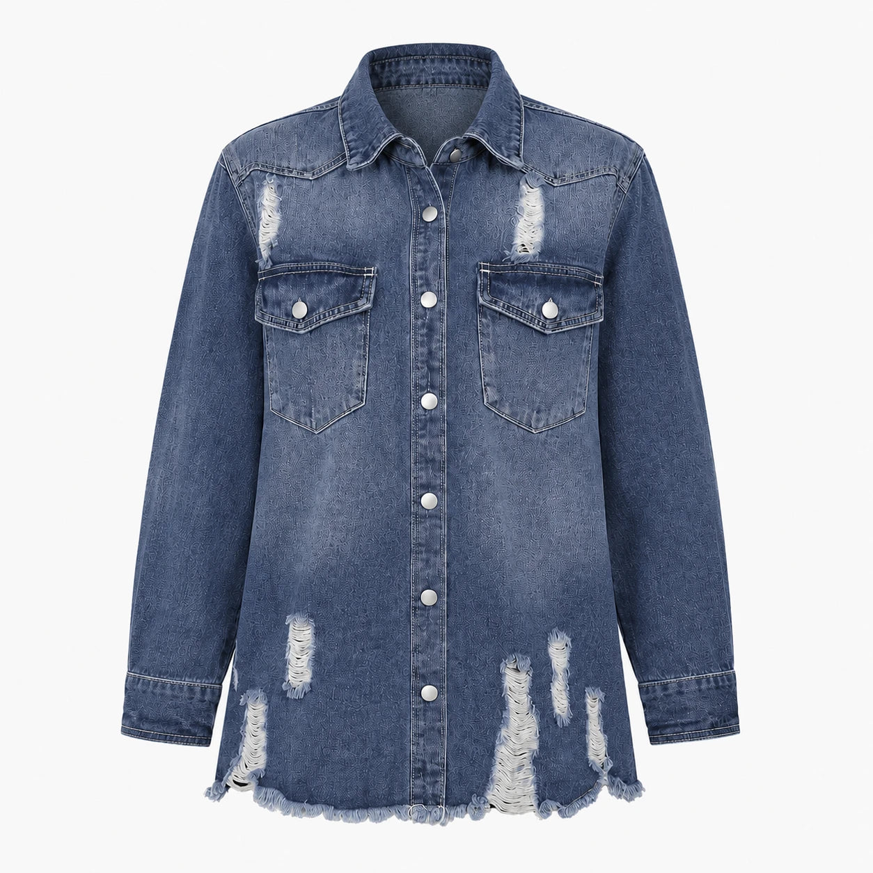 Distressed Longline Denim Shirt Jacket WHD0607025