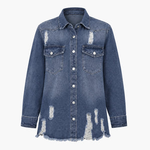 Distressed Longline Denim Shirt Jacket WHD0607025