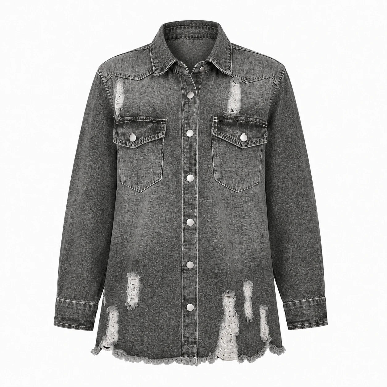 Distressed Longline Denim Shirt Jacket WHD0607025