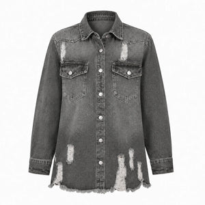 Distressed Longline Denim Shirt Jacket WHD0607025