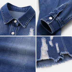 Distressed Longline Denim Shirt Jacket WHD0607025