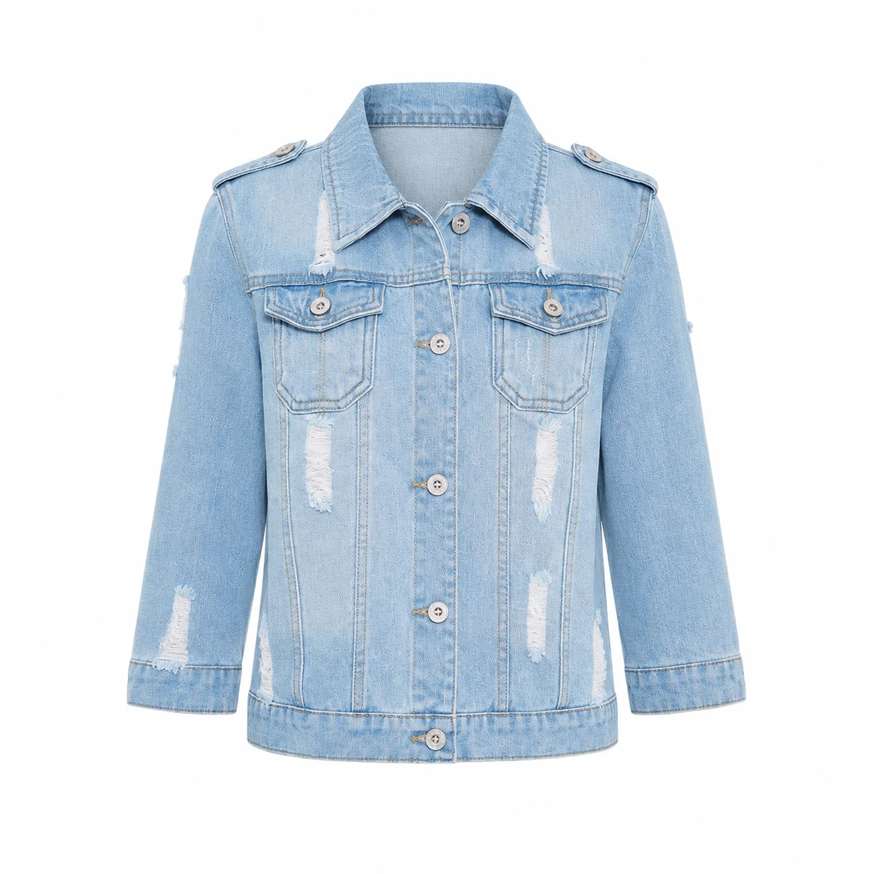 Distressed Three-Quarter Sleeve Denim Jacket WHD0607029