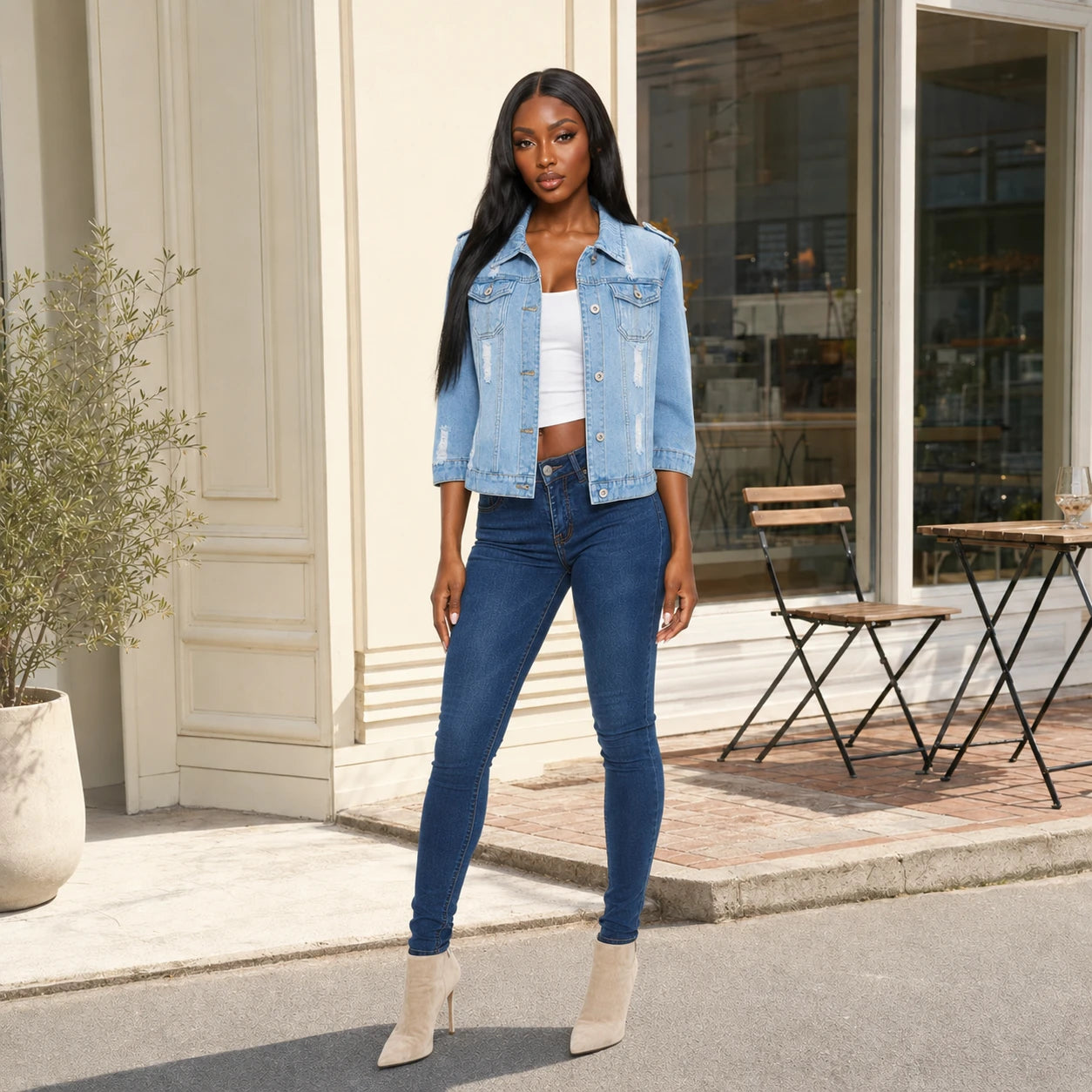Distressed Three-Quarter Sleeve Denim Jacket WHD0607029