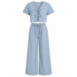 Tie Front Wide Leg Denim Set WHD0607031