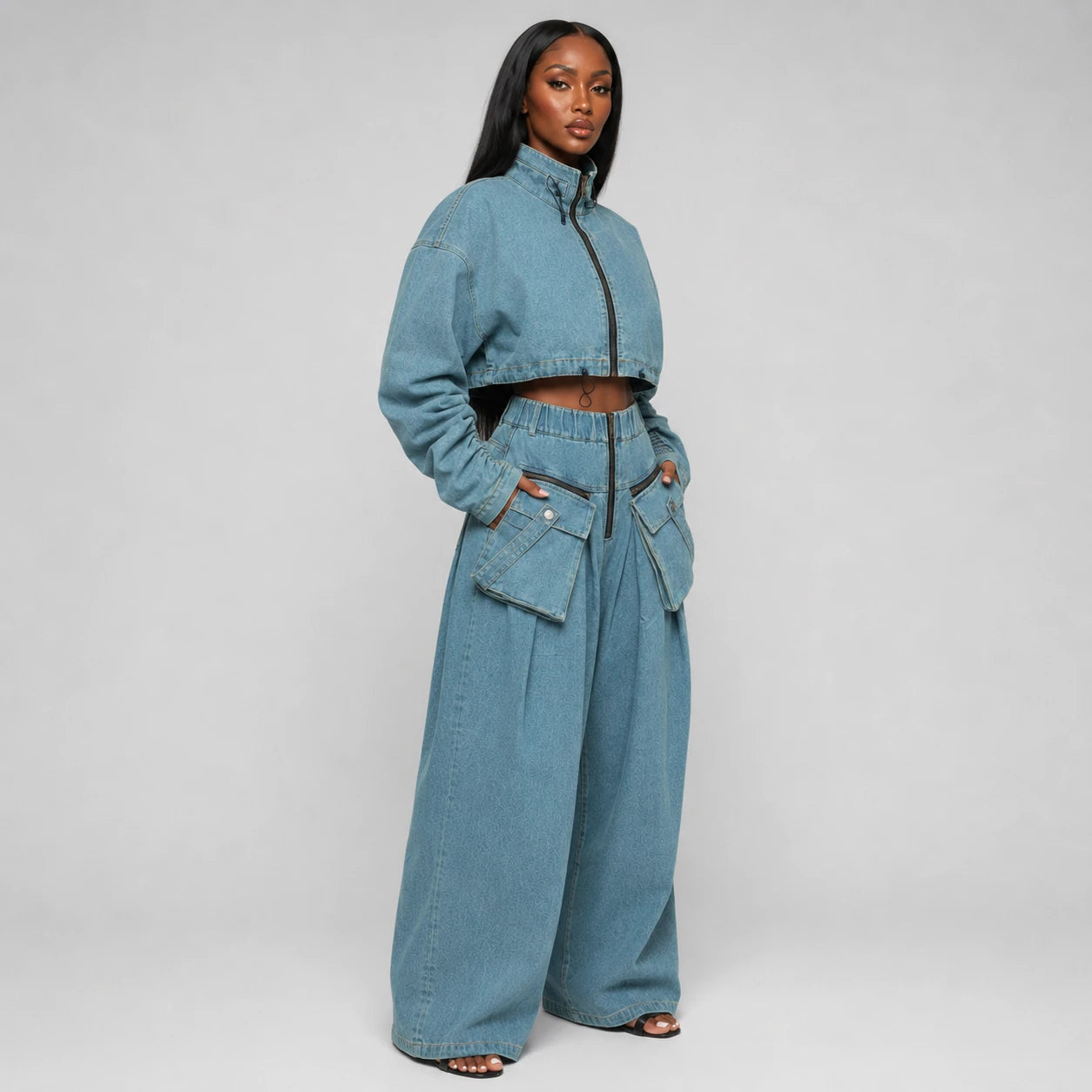 Cropped Utility Denim Cargo Set WHD0607033