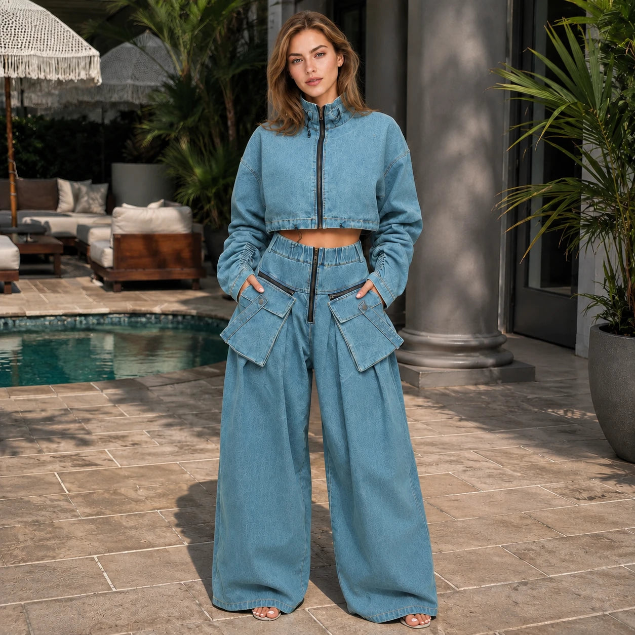 Cropped Utility Denim Cargo Set WHD0607033