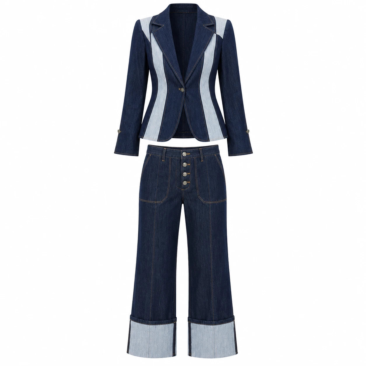 Contrast Panel Denim Suit Set WHD0607034