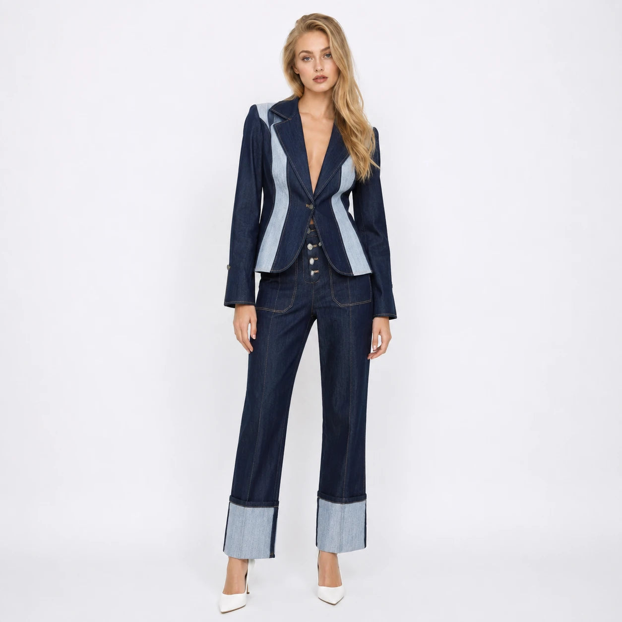 Contrast Panel Denim Suit Set WHD0607034
