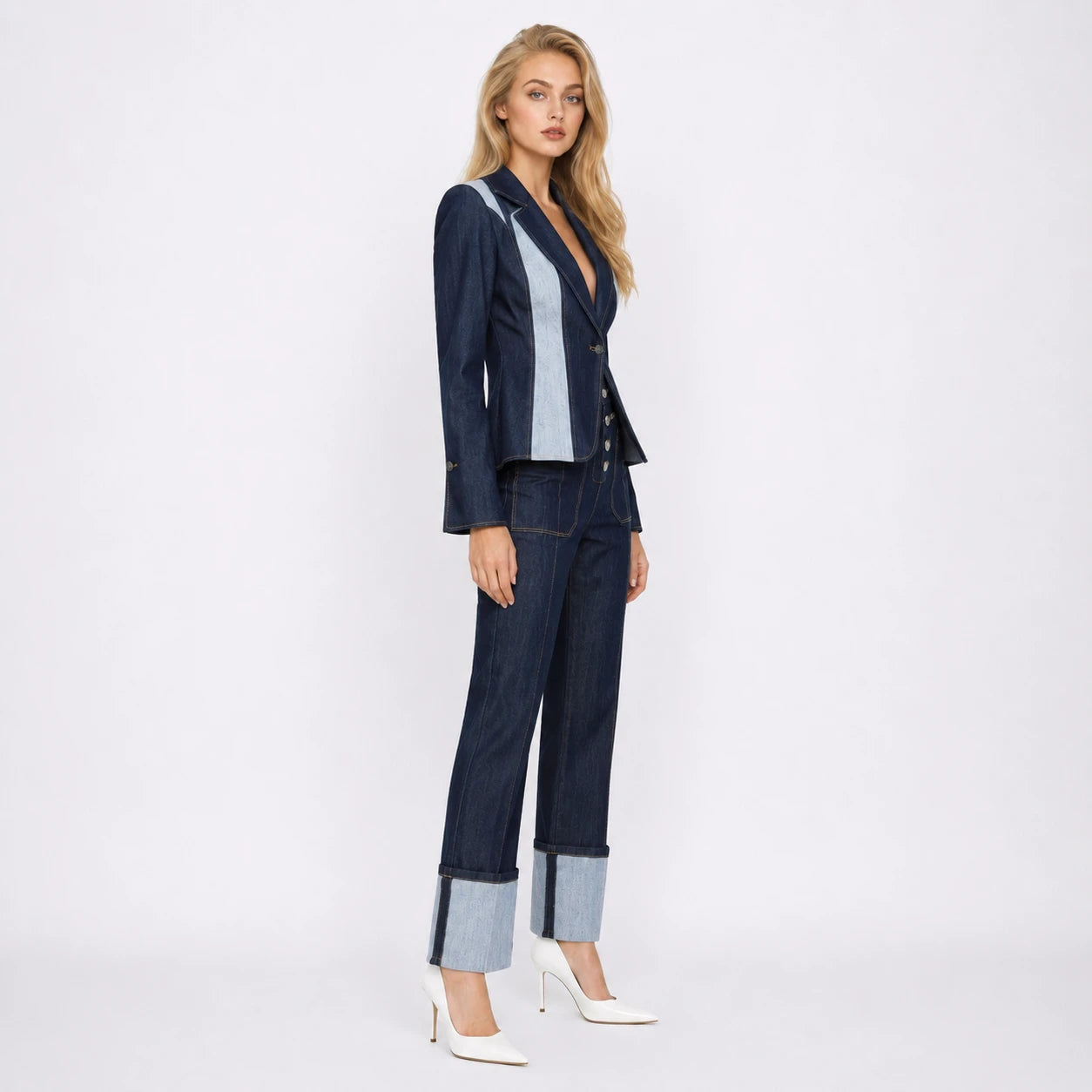 Contrast Panel Denim Suit Set WHD0607034