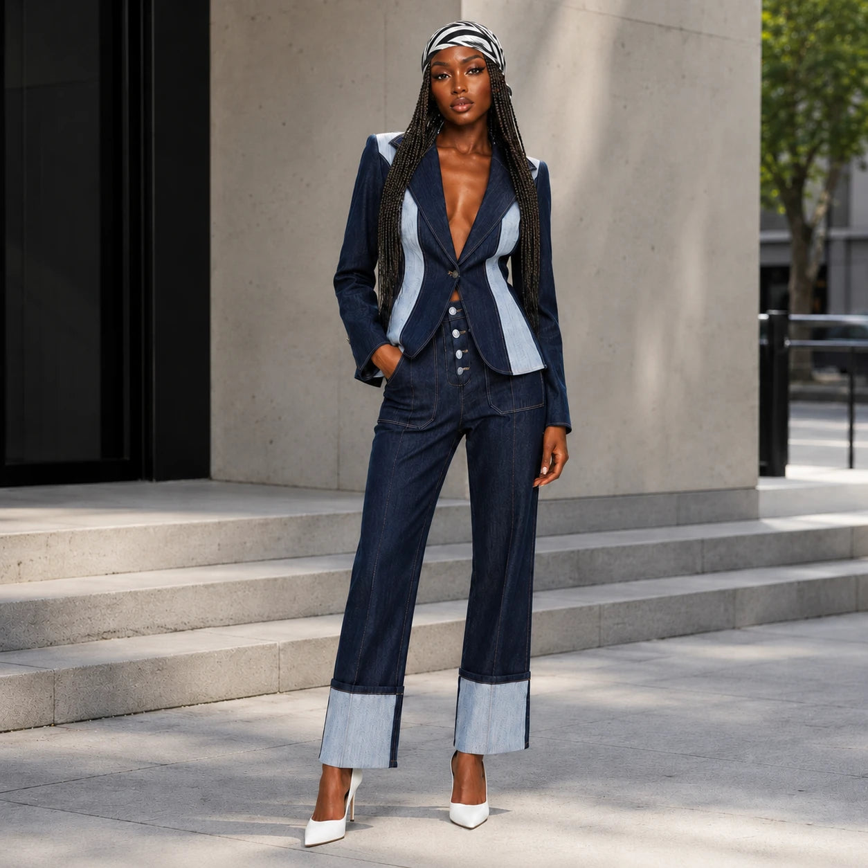 Contrast Panel Denim Suit Set WHD0607034