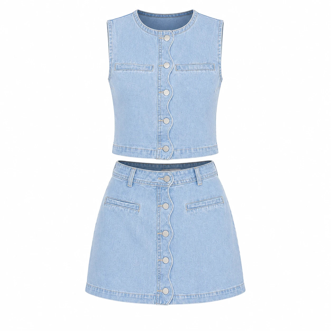 Button Front Denim Skirt Set WHD0607035