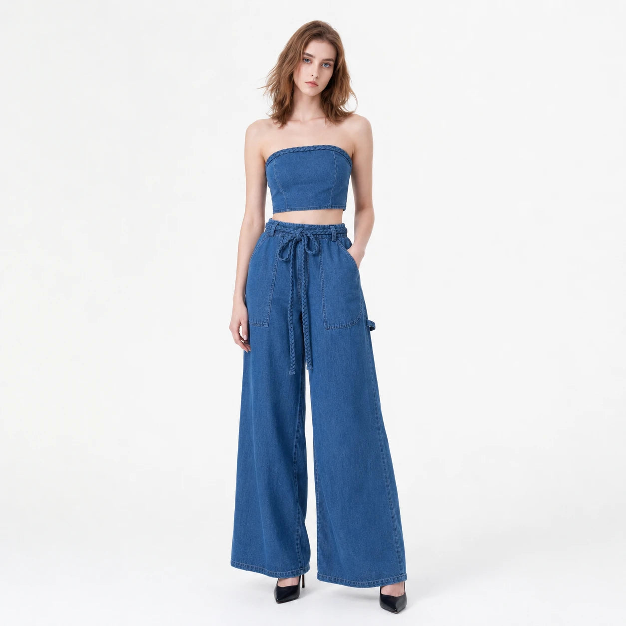 Braided Trim Denim Wide Leg Set WHD0607036