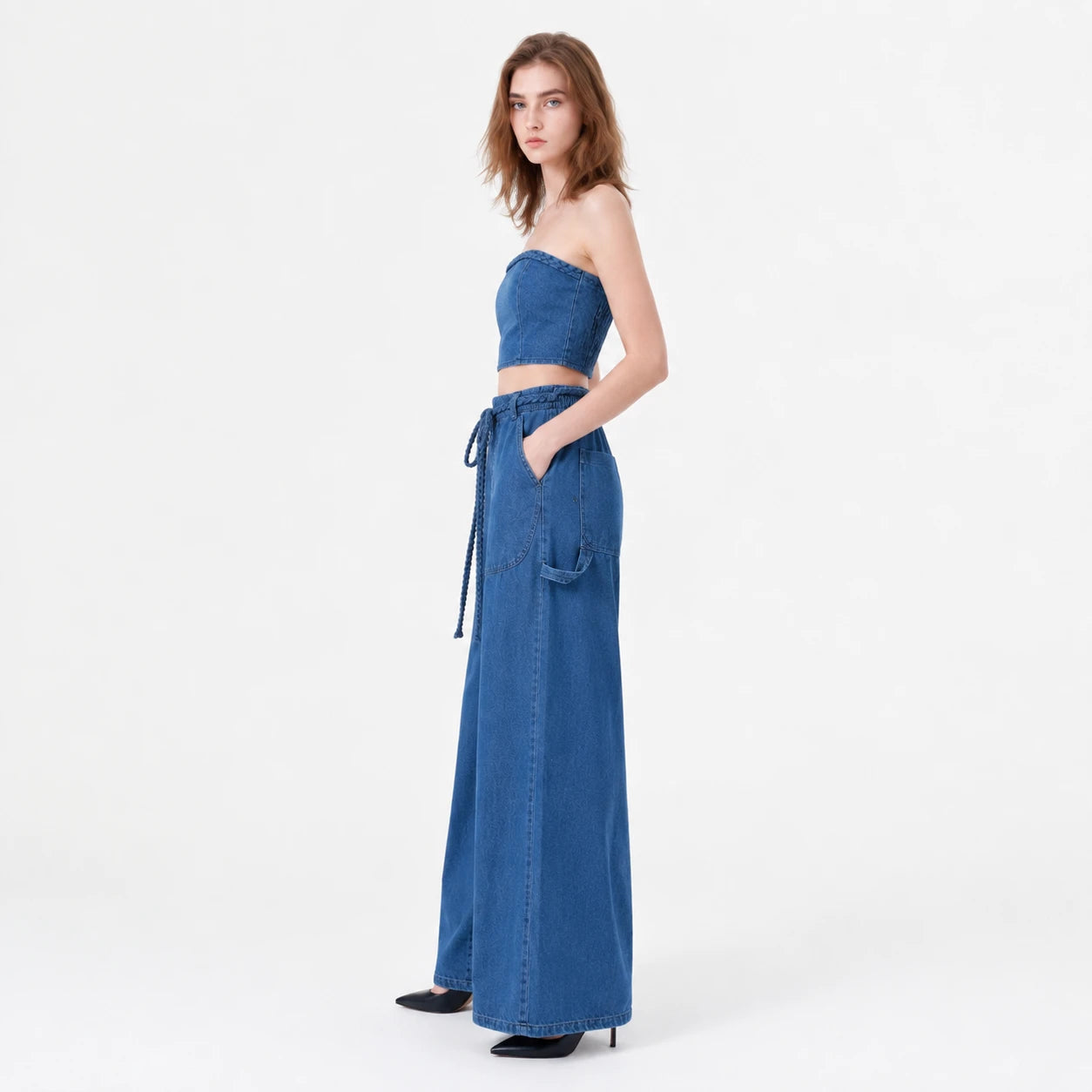 Braided Trim Denim Wide Leg Set WHD0607036