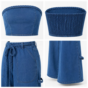 Braided Trim Denim Wide Leg Set WHD0607036