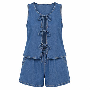 Tie-Front Denim Vest and Shorts Set WHD0607038