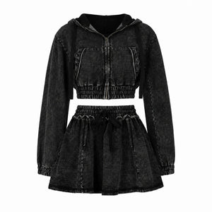 Washed Denim Hooded Skirt Set WHD0607040