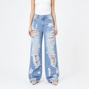 Extreme Distressed Wide Leg Jeans WHD0607047