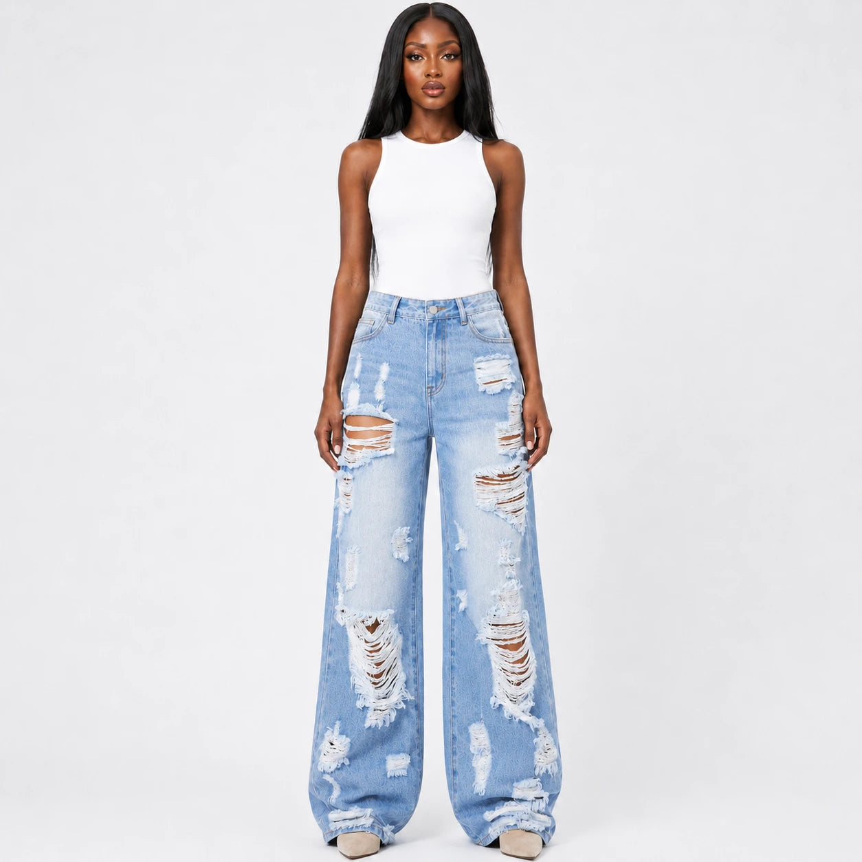 Extreme Distressed Wide Leg Jeans WHD0607047