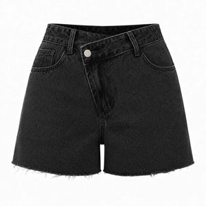 Asymmetric Waist Raw Hem Denim Shorts WHD0607048