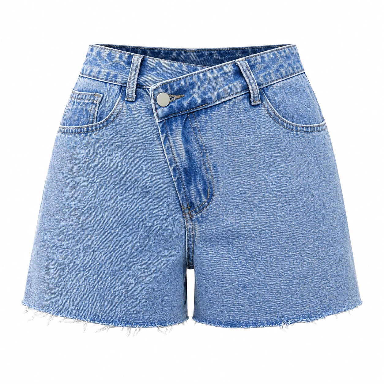 Asymmetric Waist Raw Hem Denim Shorts WHD0607048