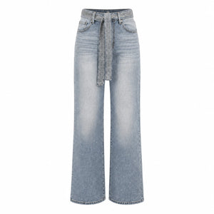Rhinestone Belted Wide Leg Jeans WHD0607049