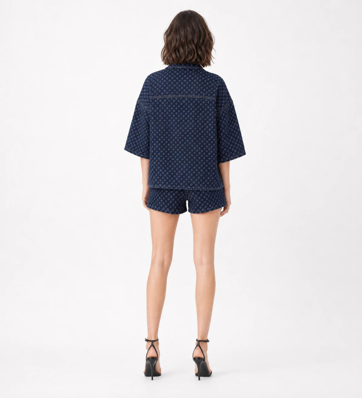 Micro-Print Denim Shirt and Shorts Set WHD0607071