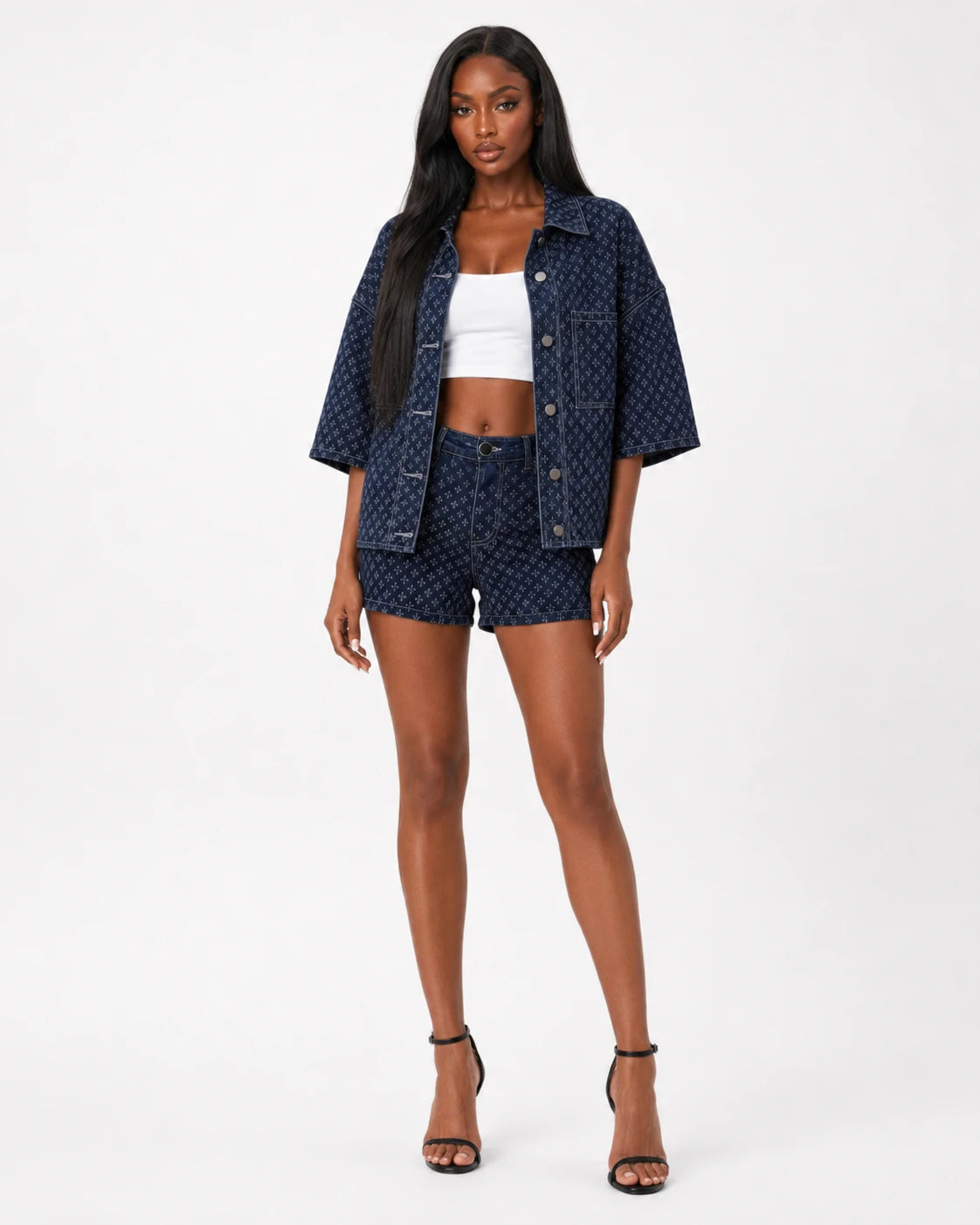 Micro-Print Denim Shirt and Shorts Set WHD0607071