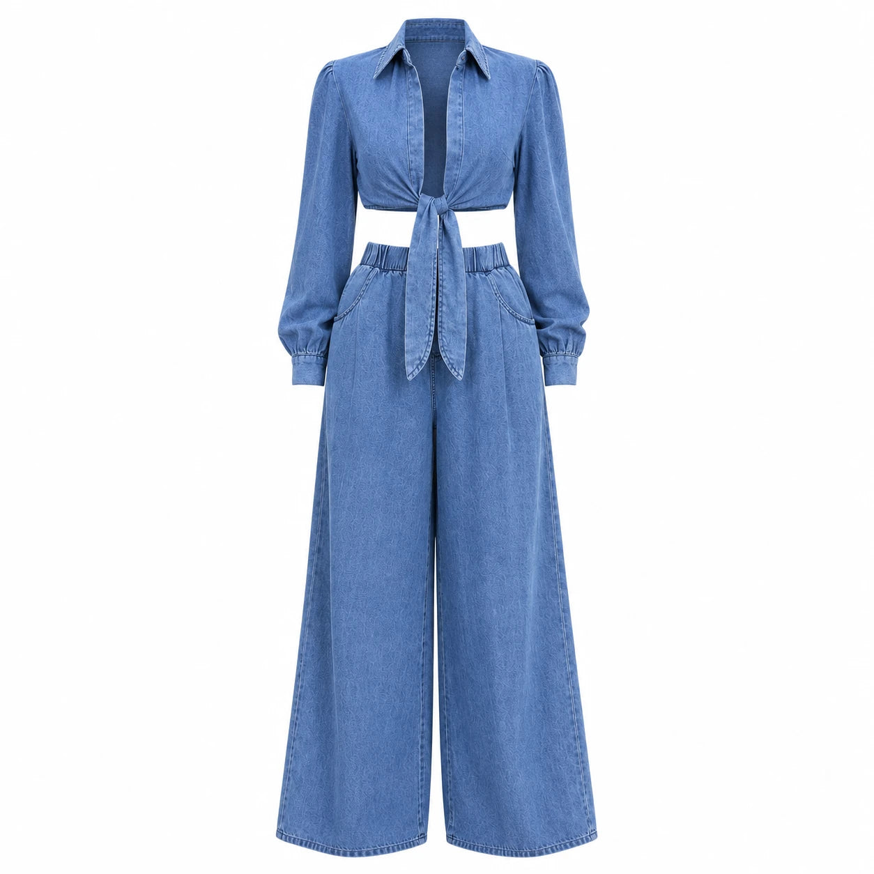 Tie-Front Denim Wide Leg Set WHD0607074