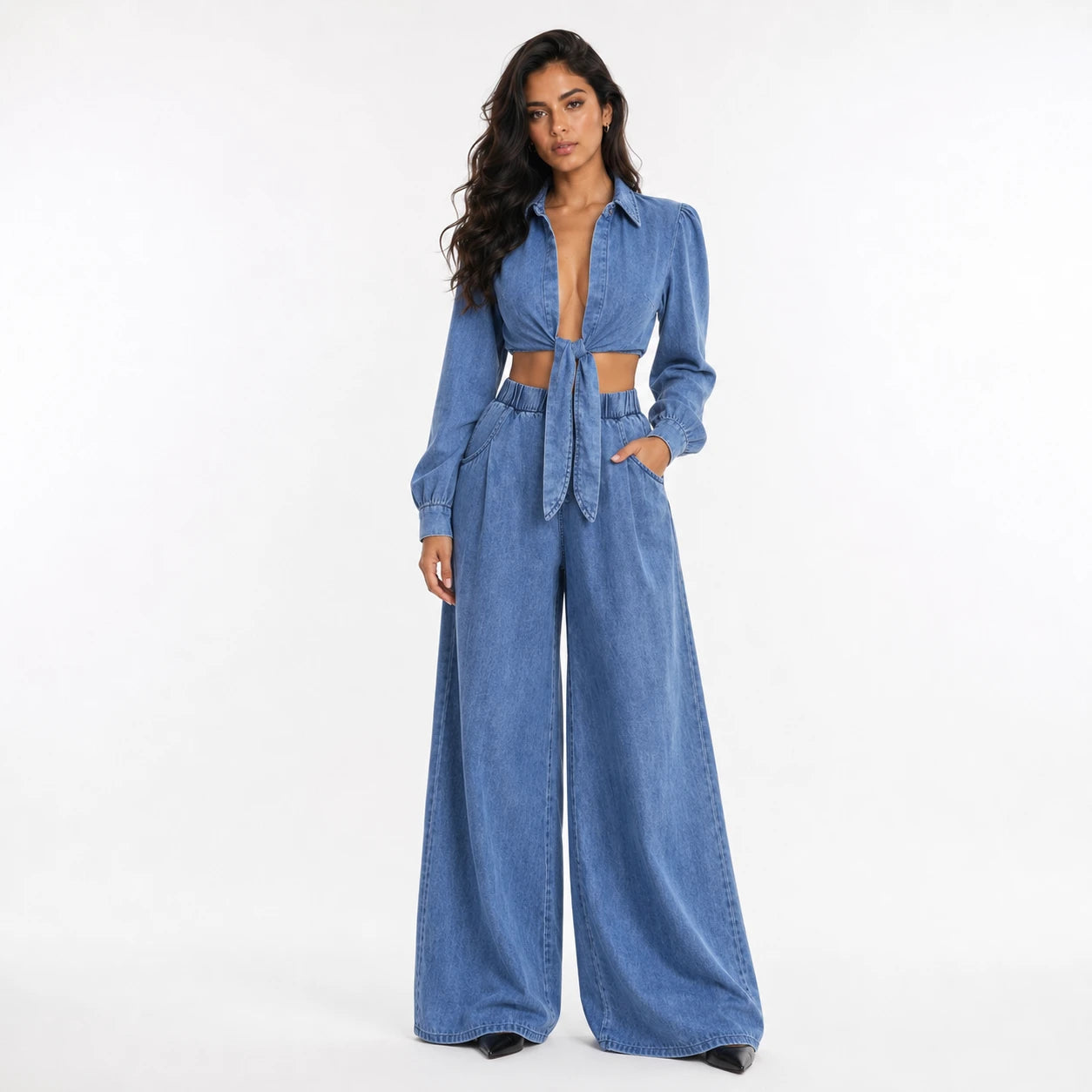 Tie-Front Denim Wide Leg Set WHD0607074