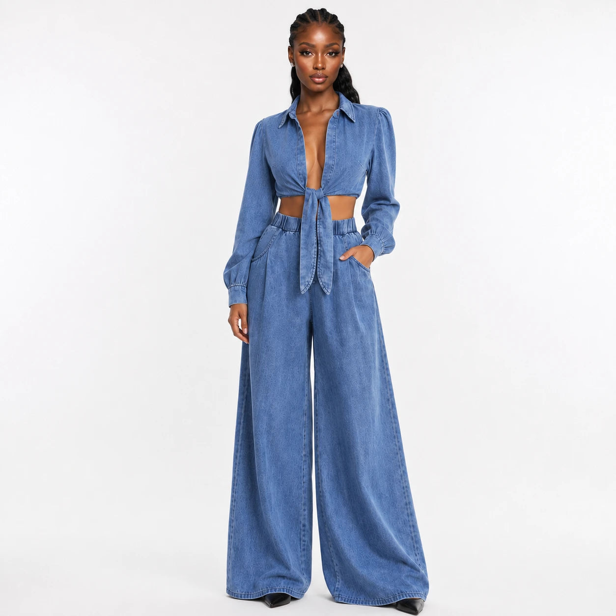 Tie-Front Denim Wide Leg Set WHD0607074