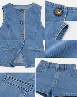 Button Front Denim Vest Shorts Set WHD0607075