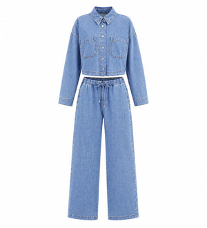 Cropped Denim Shirt Wide Leg Set WHD0607076