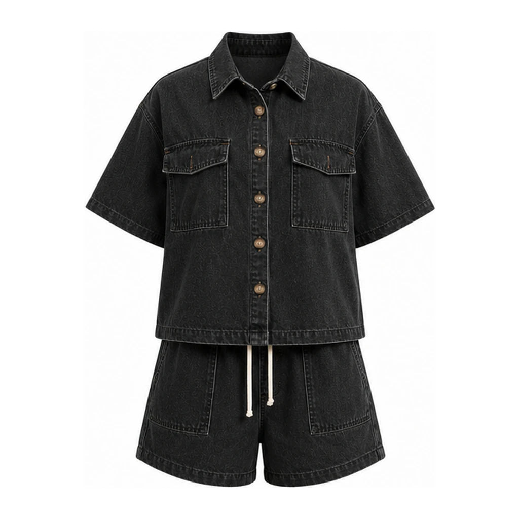 Utility Pocket Denim Shirt Shorts Set WHD0607077