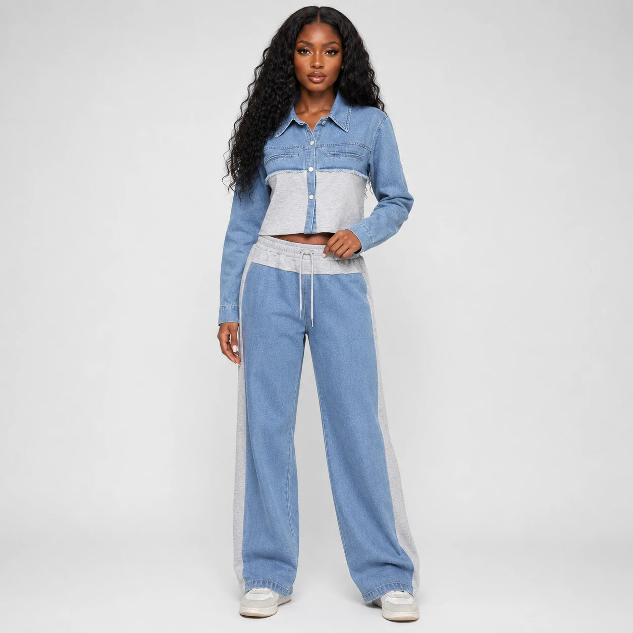Mixed Media Denim Wide Leg Set WHD0607078