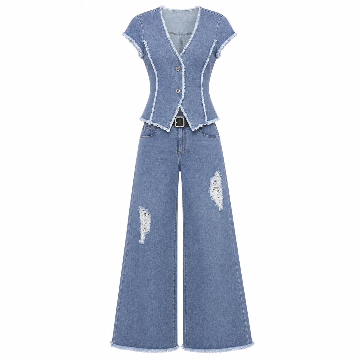 Frayed Denim Vest Wide Leg Set WHD0607079