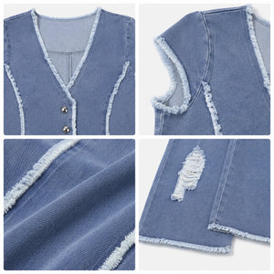 Frayed Denim Vest Wide Leg Set WHD0607079