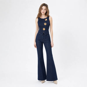 Gold Button Denim Flare Set WHD0607080