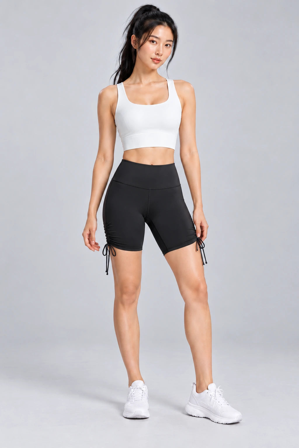 WEARHUB Polyester-Spandex Ruched Biker Shorts — Starry Black, front view