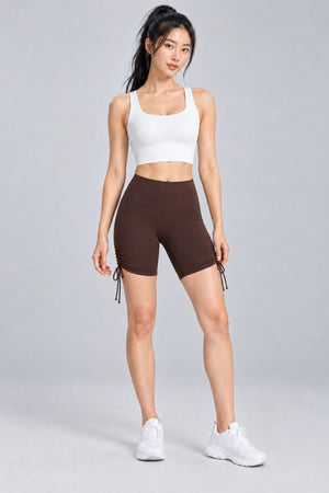 WEARHUB Polyester-Spandex Ruched Biker Shorts — Espresso, front view