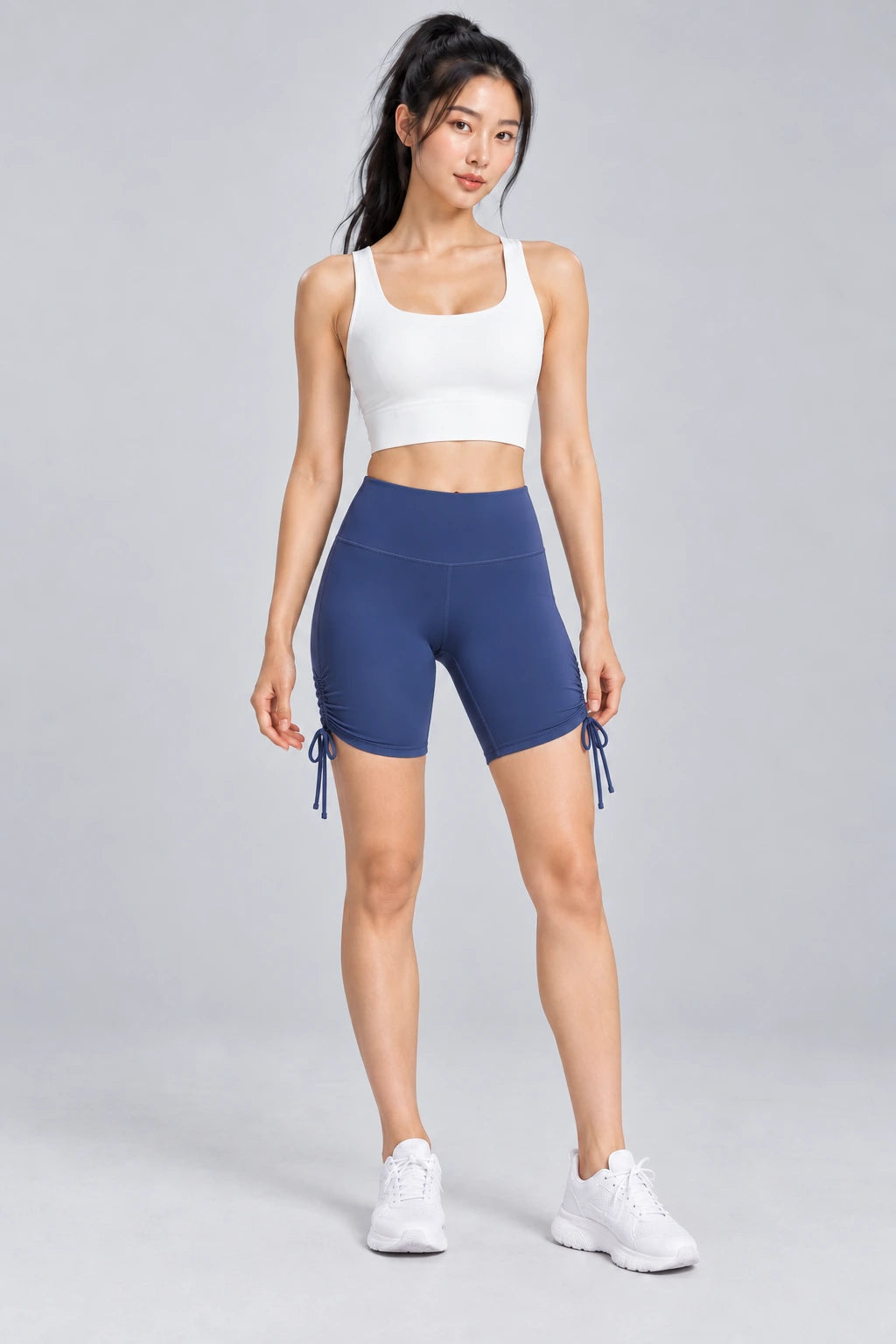 WEARHUB Polyester-Spandex Ruched Biker Shorts — Whale Blue, front view