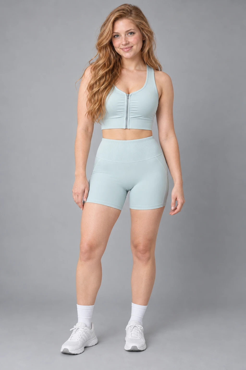 WEARHUB Polyester-Spandex Striped-Panel Active Shorts — Azure, front view