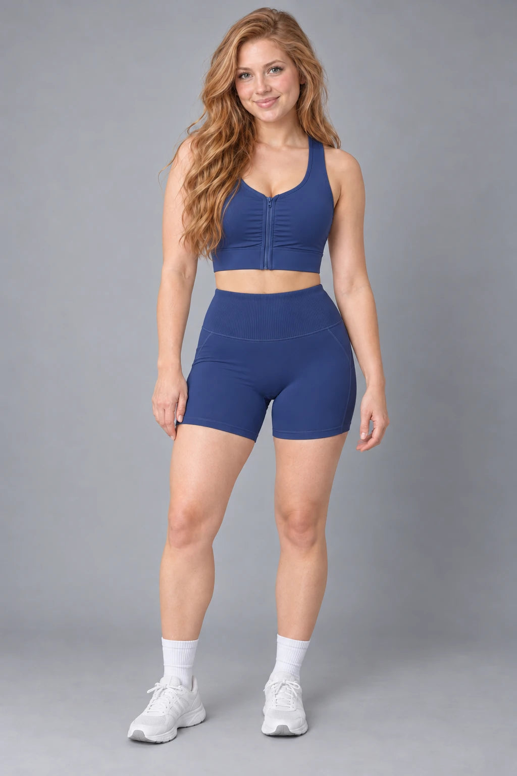 WEARHUB Polyester-Spandex Striped-Panel Active Shorts — Whale Blue, color front view