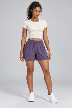 WEARHUB Polyester-Spandex Ruched Pocket Active Shorts — Starry Black, front view
