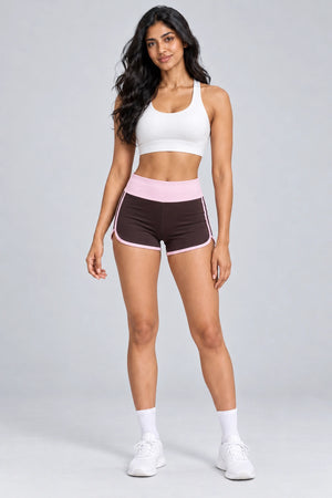 WEARHUB Polyester-Spandex Color-Block Foldover-Waist Active Shorts — Espresso, front view