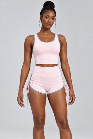 WEARHUB Polyester-Spandex Color-Block Drawstring Active Shorts — Soft Blush / Rhino Grey, front view
