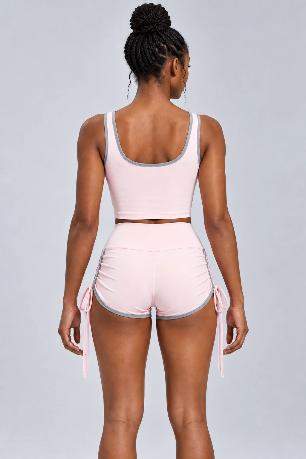 WEARHUB Polyester-Spandex Color-Block Drawstring Active Shorts — Soft Blush / Rhino Grey, back view