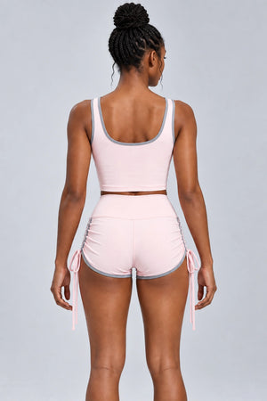 WEARHUB Polyester-Spandex Color-Block Drawstring Active Shorts — Soft Blush / Rhino Grey, back view