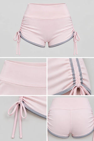 WEARHUB Polyester-Spandex Color-Block Drawstring Active Shorts — Soft Blush / Rhino Grey, fabric and stitching details