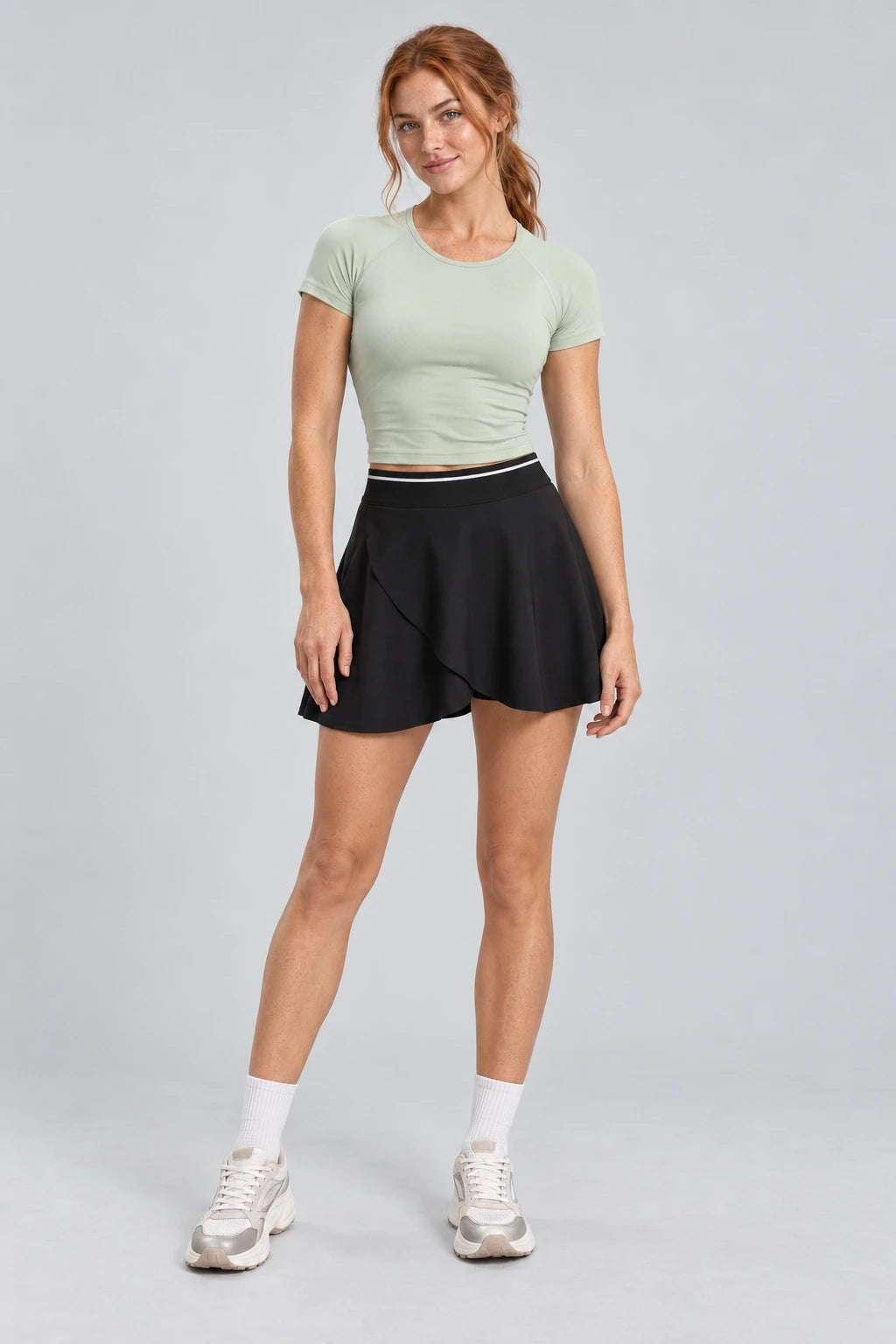 WEARHUB Polyester-Spandex EU-Sized Wrap-Front Active Skirt — Starry Black, front view