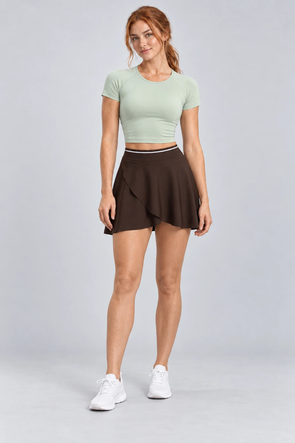 WEARHUB Polyester-Spandex EU-Sized Wrap-Front Active Skirt — Espresso, color front view